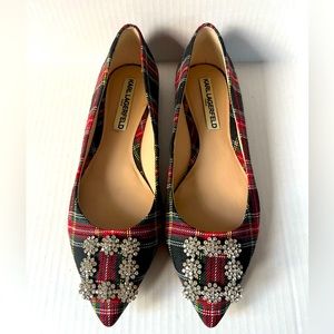 Karl Lagerfield tartan plaid embellished pointy flats size US 7